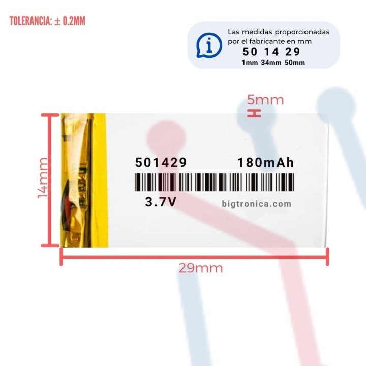 Batería LI-PO 3.7V 180mA (501429)