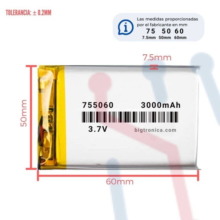Batería LI-PO 3.7V 3000mA (755060)