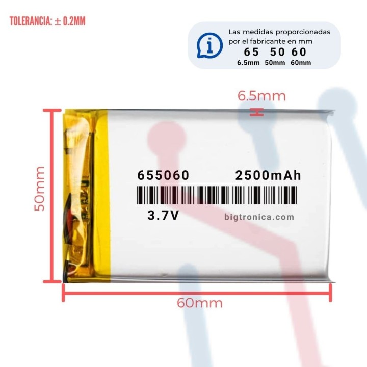 Batería LI-PO 3.7V 2500mA (655060)