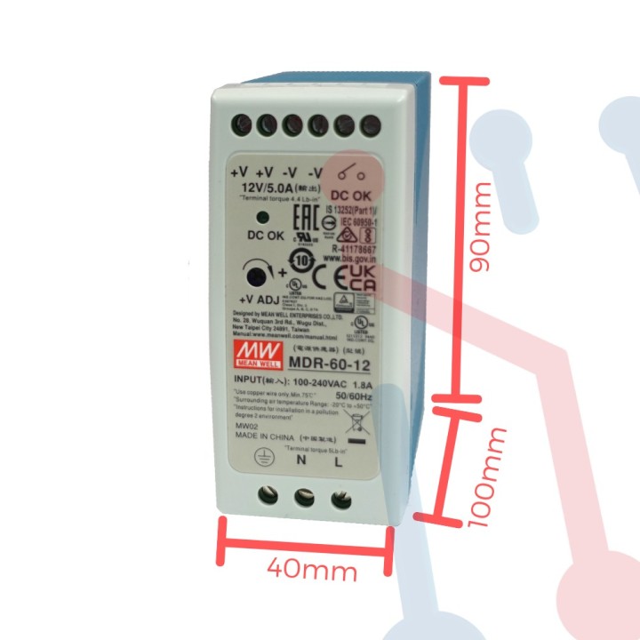 La fuente Mean Well de 12V 5A para montaje en riel DIN, cuenta con protección contra sobrecargas, ajuste de voltaje y señal visu