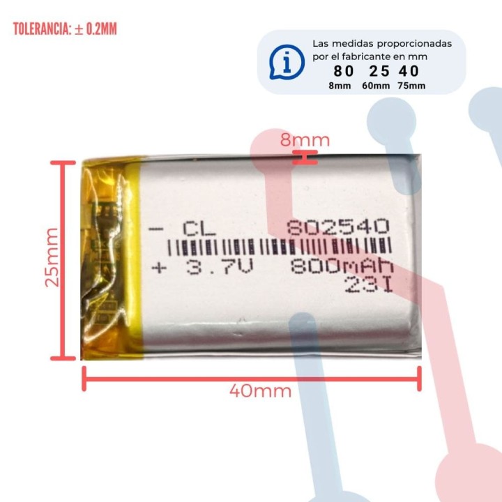 Batería LI-PO 3.7V 800mA (802540)