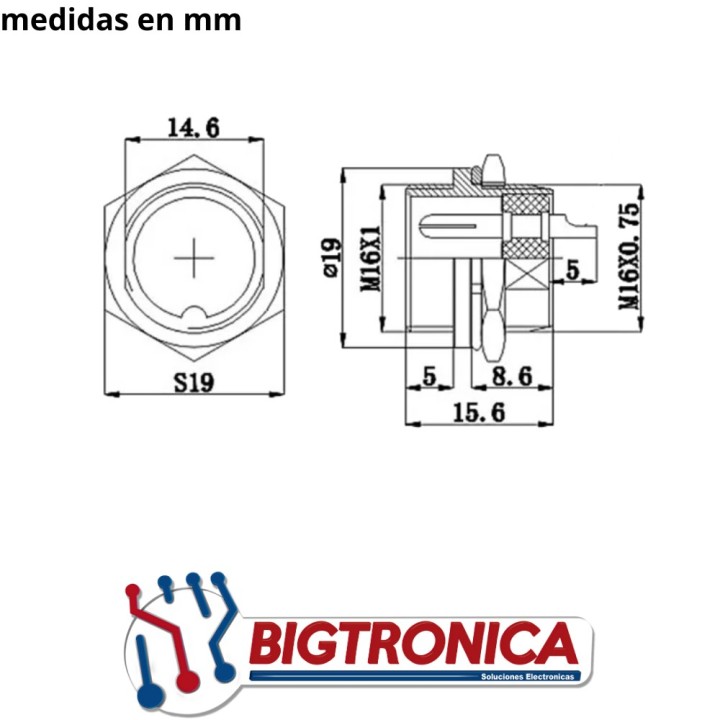 Conector Chasis Macho 6 Pin GX16-6